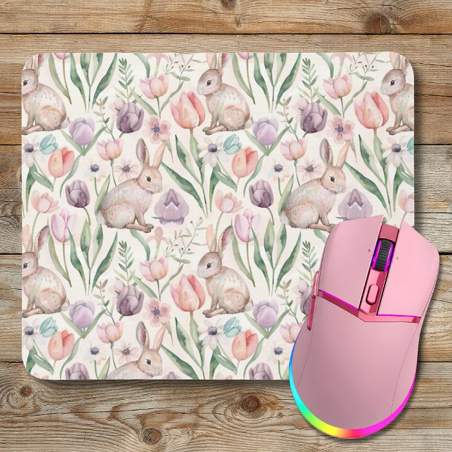 Cute Gray Bunny with Colorful Tulips Mousepad (Von Creator hochgeladen)
