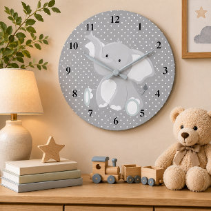Cute Gray Elephant Polka Dots Nursery Große Wanduhr