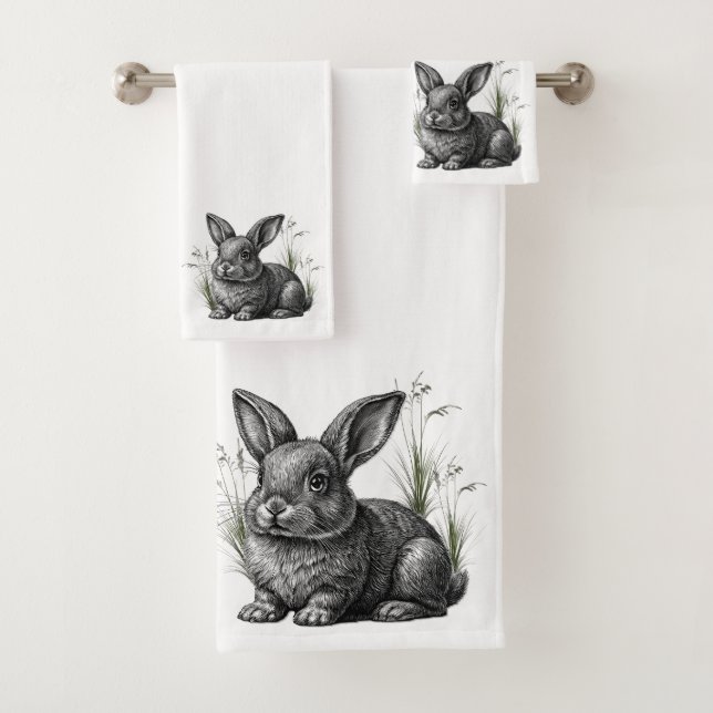 Cute Gray Rabbit Among the Grass Badhandtuch Set (Insitu)