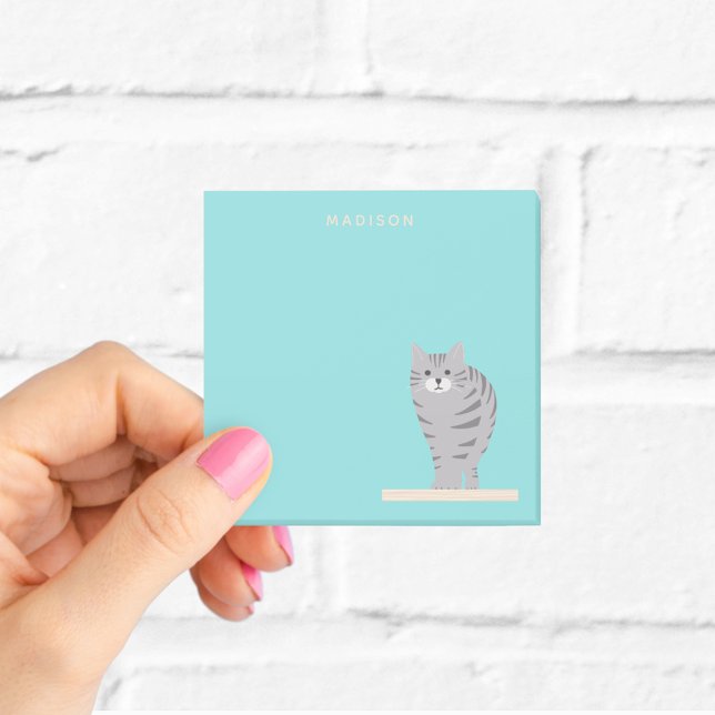 Cute Gray Tabby Cat Blue Notes mit Name Post-it Klebezettel (Von Creator hochgeladen)