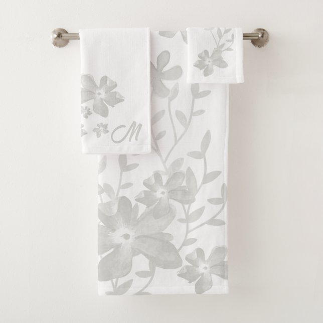 Cute Gray Watercolor Blumen Monogrammatisch Badhandtuch Set (Insitu)
