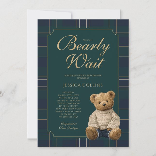 Cute Green and Blue We Can Bearly Wait Baby Shower Einladung (Vorderseite)
