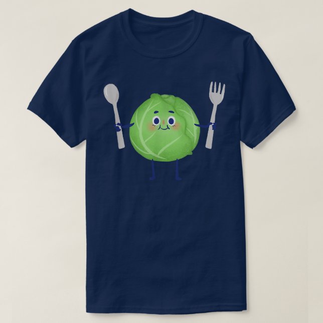 Cute Green Cabbage Vegetable Holding Fork and Spoo T-Shirt (Design vorne)