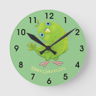 Cute green curious parakeet cartoon illustration runde wanduhr