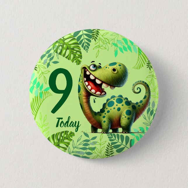 Cute Green Dinosaur 9th Birthday Button (Vorderseite)