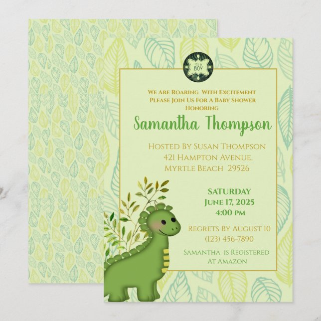 Cute Green Dinosaur Boy Baby shower Invitation (Devant / Derrière)