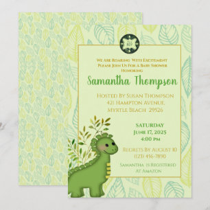 Cute Green Dinosaur Boy Baby shower Invitation
