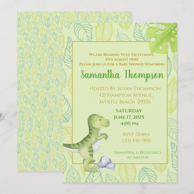 Cute Green Dinosaur Boy Baby shower Invitation (Devant / Derrière)