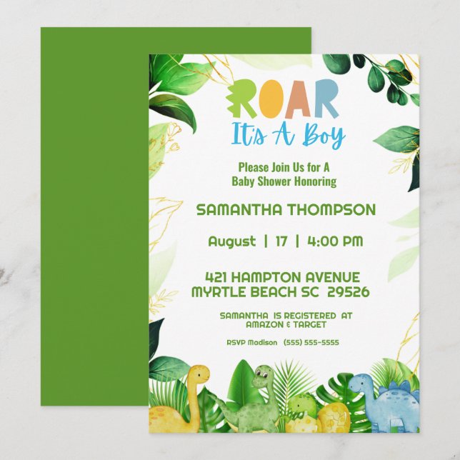 Cute Green Dinosaur Boys Baby Shower Invitation Einladung (Vorne/Hinten)