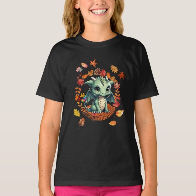 Cute Green Dragon “Autism Awesome Autumn” Design  T-Shirt (Vorderseite)