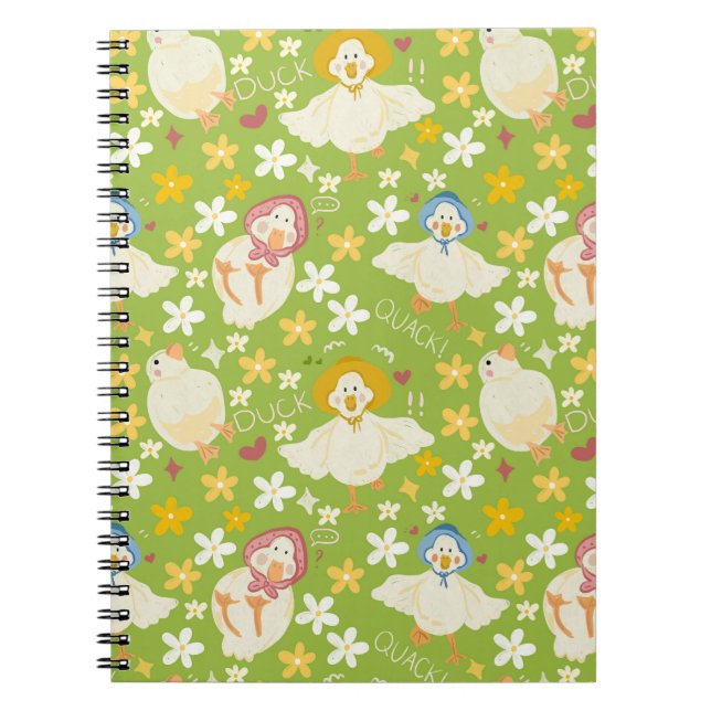 Cute Green Duck & Daisy Flower Seamless Pattern Notizblock (Vorderseite)