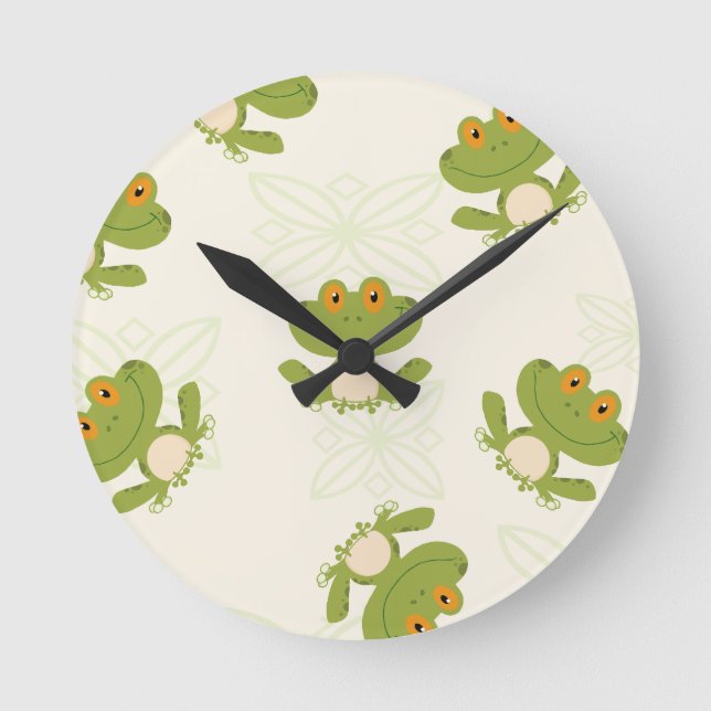 Cute Green Frog Pattern Runde Wanduhr (Vorderseite)