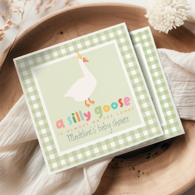 Cute Green Gingham Neutral Silly Goose Baby Shower Serviette (Von Creator hochgeladen)