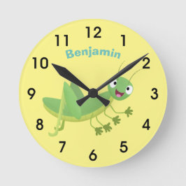 Cute green happy grasshopper cartoon runde wanduhr