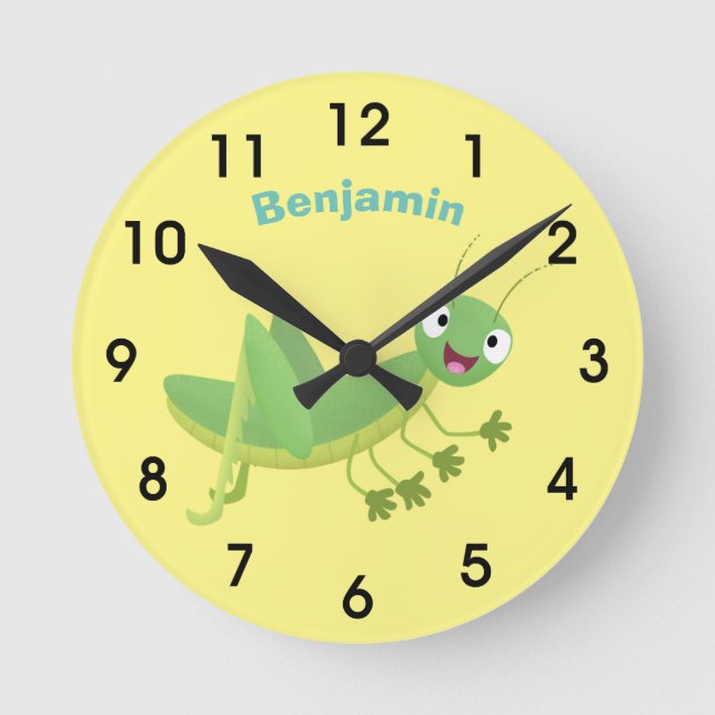 Cute green happy grasshopper cartoon runde wanduhr (Vorderseite)
