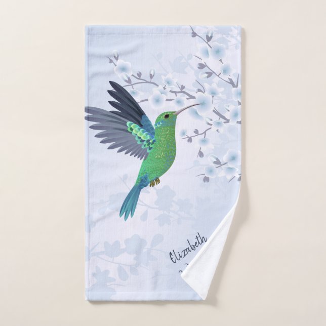 Cute Green Hummingbird Cherry Blossom Ajouter Nom (Serviette à main)