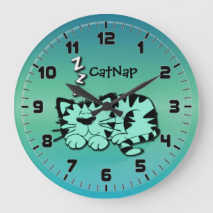 Cute Green Kitty Cat Nap Wallclock Große Wanduhr