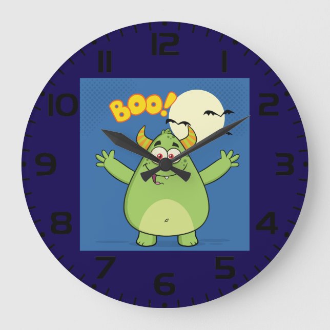 Cute Green Monster Halloween Boo Große Wanduhr (Vorderseite)