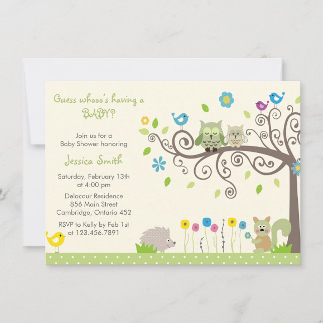Cute Green Owl Neutral Baby Shower Invitations (Devant)