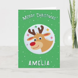 Cute Green Reindeer Kid`s Name Merry Christmas Karte