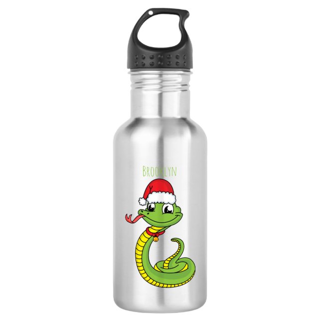 Cute green snake with santa hat cartoon edelstahlflasche (Vorderseite)