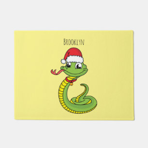 Cute green snake with santa hat cartoon fußmatte