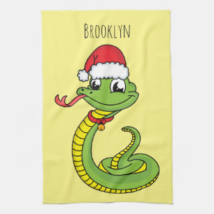 Cute green snake with santa hat cartoon geschirrtuch