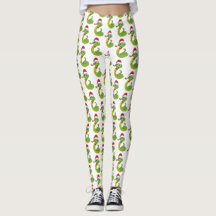 Cute green snake with santa hat cartoon leggings