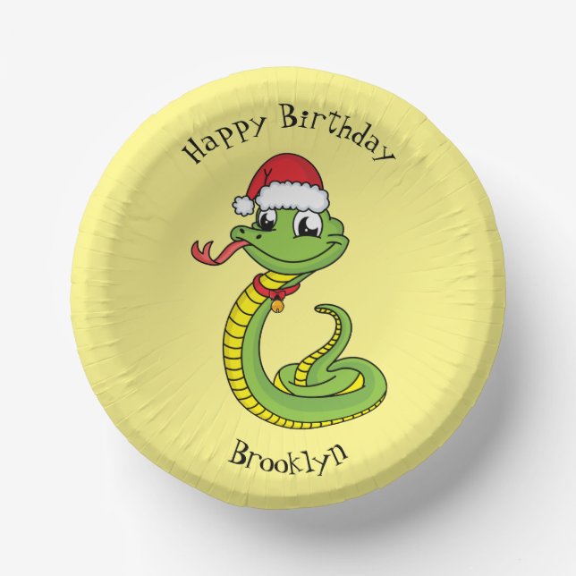 Cute green snake with santa hat cartoon pappteller (Vorderseite)