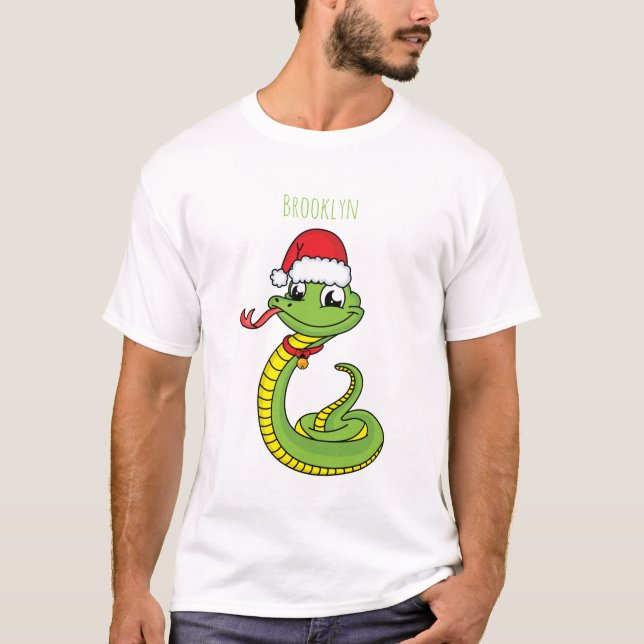 Cute green snake with santa hat cartoon T-Shirt (Vorderseite)