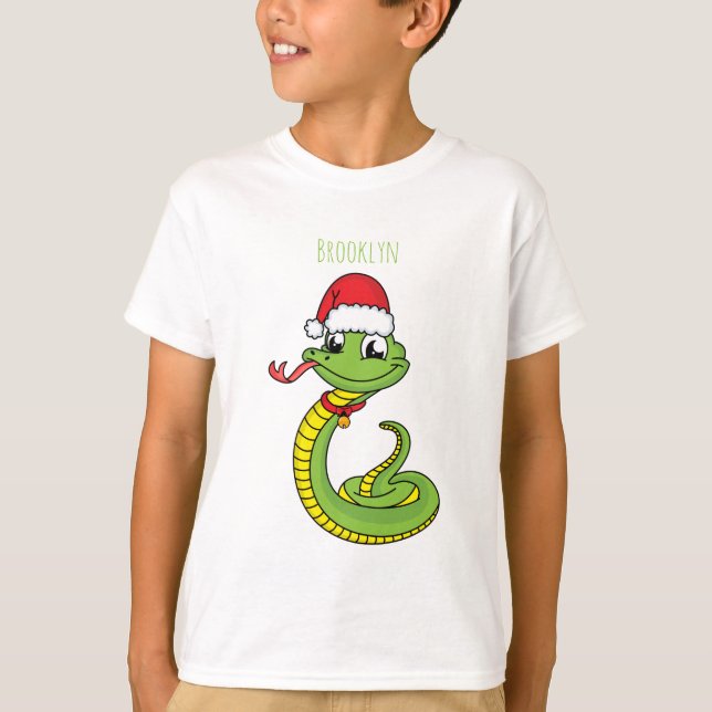 Cute green snake with santa hat cartoon T-Shirt (Vorderseite)