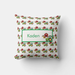 Cute green tractor and red barn personalized  kissen