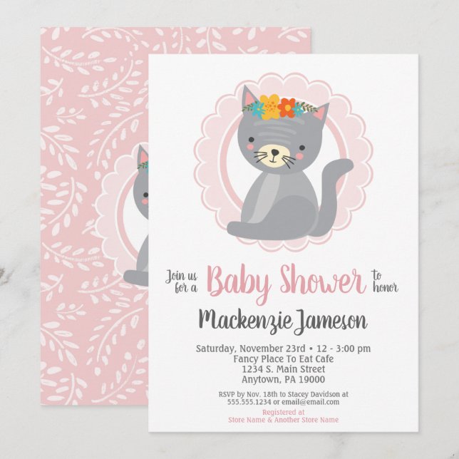 Cute Grey Kitten Rose Girls Baby shower Invitation (Devant / Derrière)
