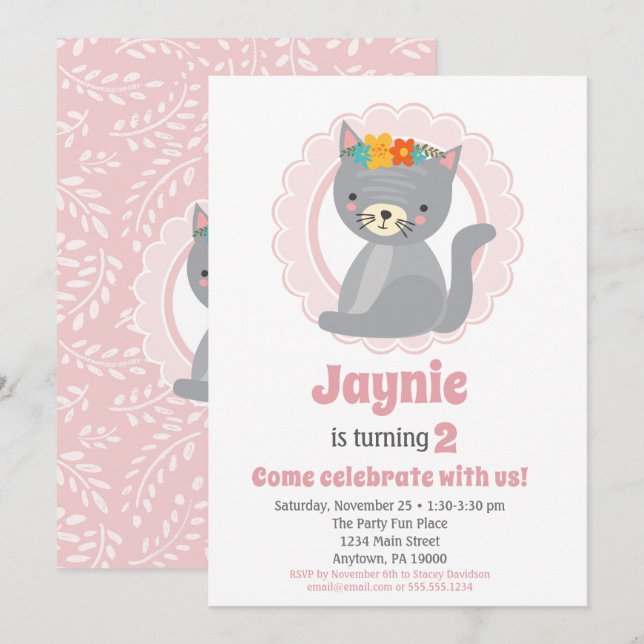 Cute Grey Kitten Rose Girls Invitation Anniversair (Devant / Derrière)