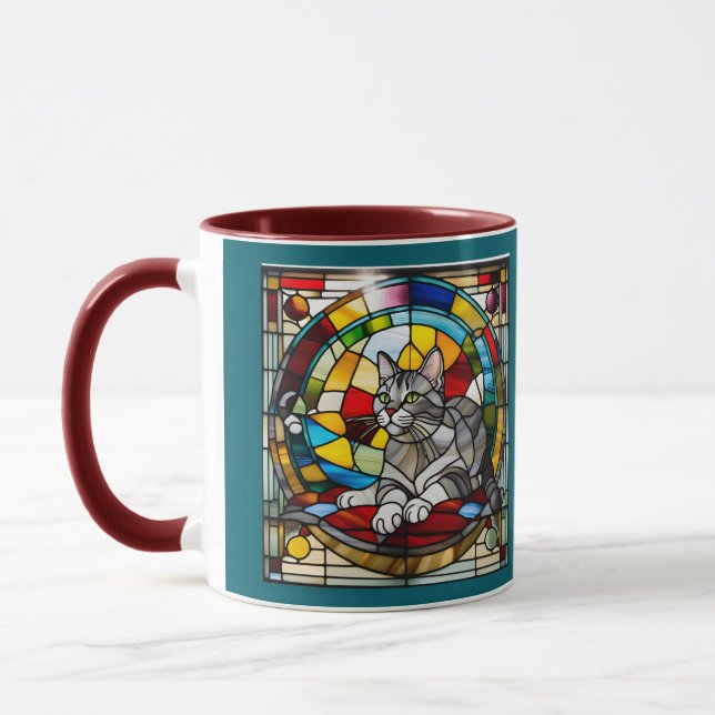 Cute Grey Tabby Stained Glass Tasse (Links)