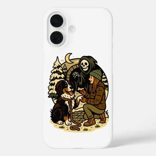 Cute Grim Reaper Girl and Dog Spooky Forest Night iPhone 16 Hülle (Rückseite)