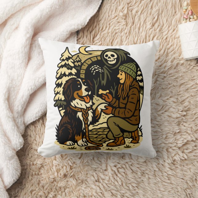 Cute Grim Reaper Girl and Dog Spooky Forest Night Kissen (Decke)