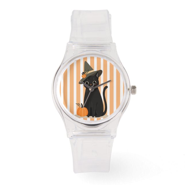 Cute Halloween Black Cat with Witch Hat Pumpkin Armbanduhr (Vorderseite)