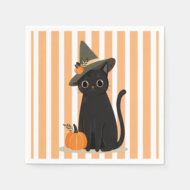 Cute Halloween Black Cat with Witch Hat Pumpkin Serviette (Vorderseite)