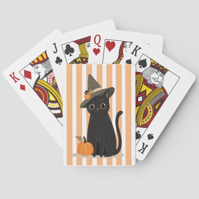 Cute Halloween Black Cat with Witch Hat Pumpkin Spielkarten (Rückseite)