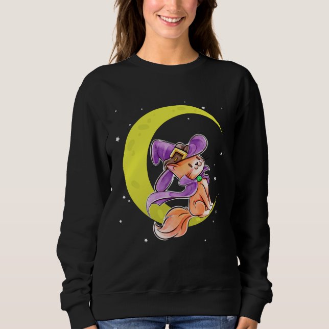 Cute Halloween Cat Costume Witch Hat and Moon Sweatshirt (Vorderseite)