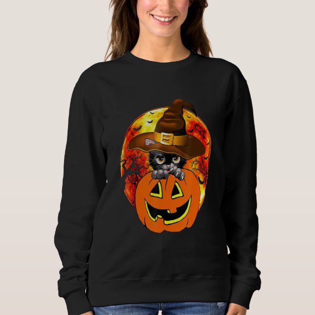 Cute Halloween Cat Witch Hat Pumpkin Scary Pet Moo Sweatshirt (Vorderseite)
