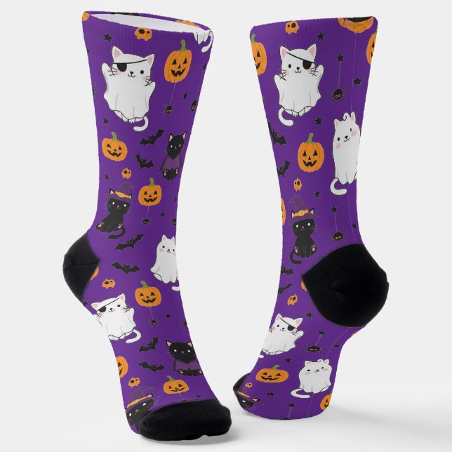 Cute Halloween Cats and Pumpkins Pattern Socks  Socken (Gewinkelt)