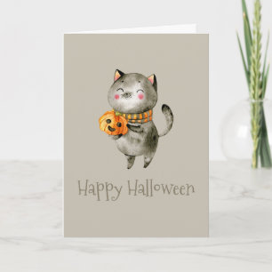 Cute Halloween Chat avec Citrouille   Carte de voe