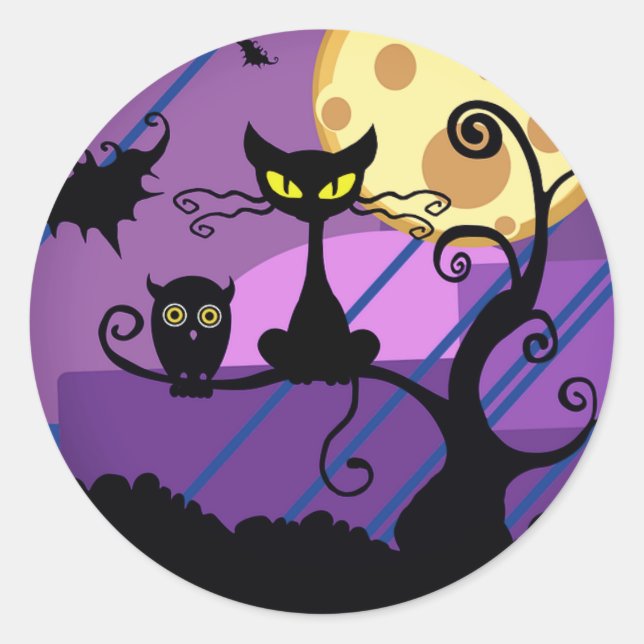 Cute Halloween Chat/Chouette noire & Sticker Arbre (Devant)