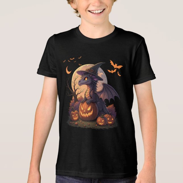 Cute Halloween Dragon Witch Hat Pumpkin Moon  Tri-Blend Shirt (Vorderseite)