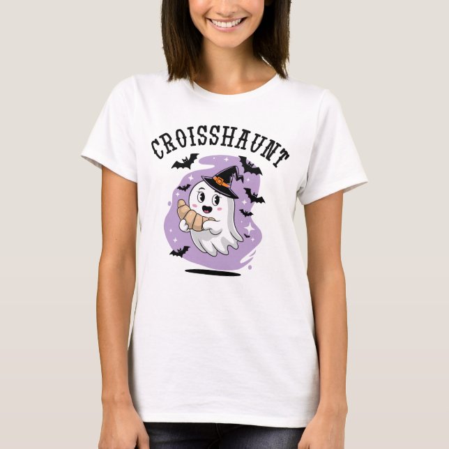 Cute Halloween Ghost Croissant Haunting T-Shirt (Vorderseite)