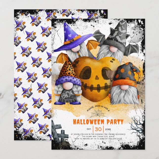 Cute Halloween gnomes invitation pour la fête des  (Devant / Derrière)