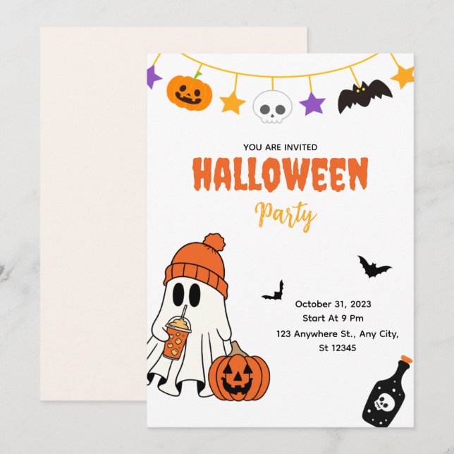 Cute Halloween Party Invitation with Ghost (Devant / Derrière)