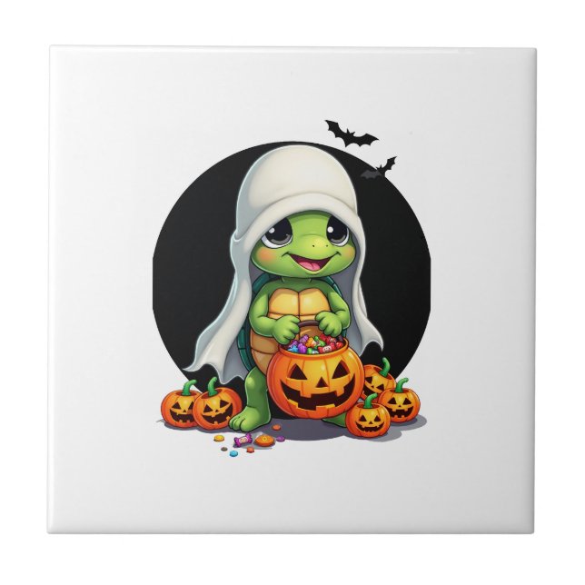 Cute Halloween Turtle Ghost with Candy (7) Fliese (Vorderseite)